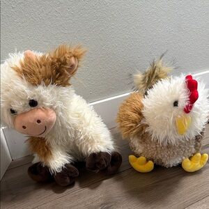 Plush Cow and Chicken Stuffed Toys - White, Brown, Yellow